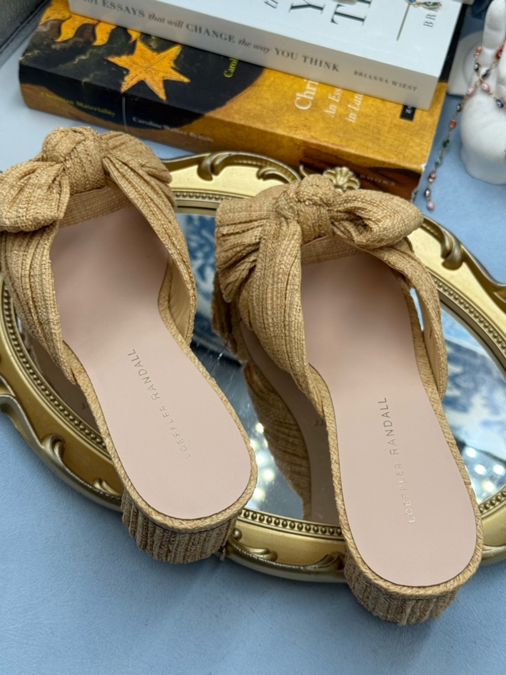Loeffler Randall Tan Bow Knot Raffia Block Heel Mules - Picture 12 of 16